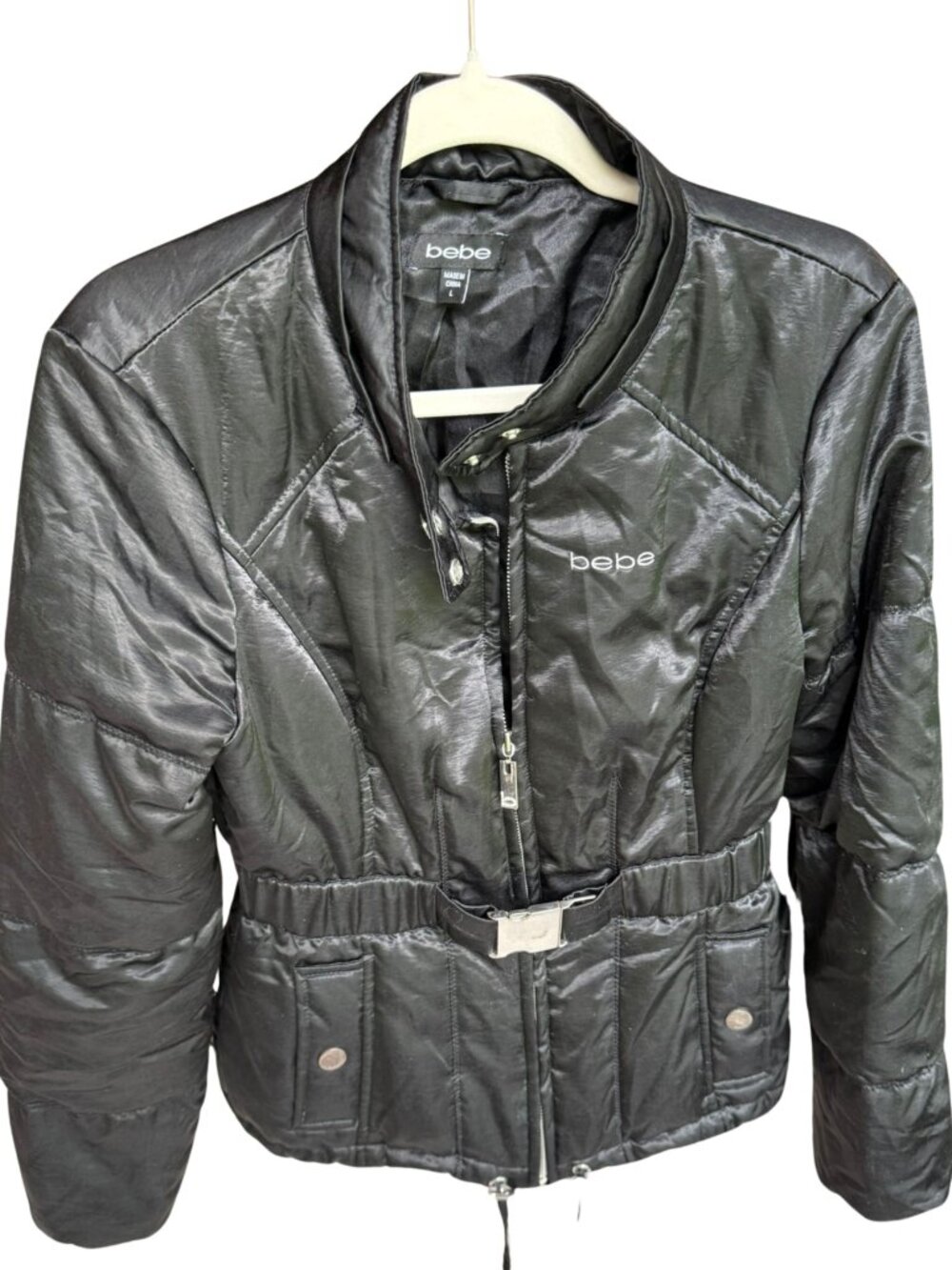 Bebe Belted Down Puffer Jacket Small Black 90% Down Y2K McBling Coat
